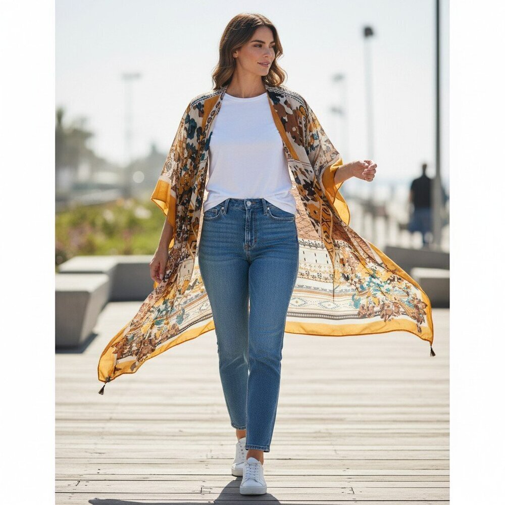 Texas True Threads Gold Floral Open Front Boho Hippie Kimono Cardigan Duster